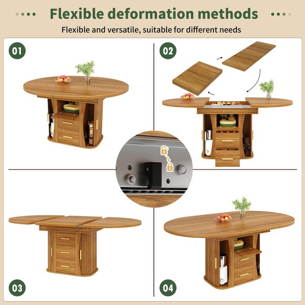 Extendable Dining Table with 3-Tier Hidden Storage and Sliding Rail, Round Kitchen Table for 6 People, 118-158L x 118W x 77H cm, Walnut Aosom UK