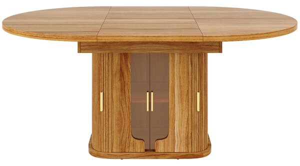 Extendable Dining Table with Hidden Storage and Glass Doors, Round Kitchen Table for 6 People, 118-158L x 118W x 77H cm, Walnut Aosom UK