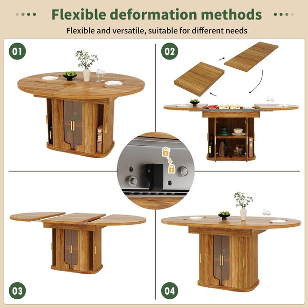 Extendable Dining Table with Hidden Storage and Glass Doors, Round Kitchen Table for 6 People, 118-158L x 118W x 77H cm, Walnut Aosom UK