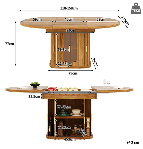 Extendable Dining Table with Hidden Storage and Glass Doors, Round Kitchen Table for 6 People, 118-158L x 118W x 77H cm, Walnut Aosom UK