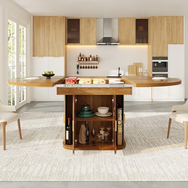 Extendable Dining Table with Hidden Storage and Glass Doors, Round Kitchen Table for 6 People, 118-158L x 118W x 77H cm, Walnut Aosom UK