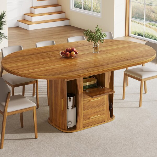 Extendable Dining Table with 3-Tier Hidden Storage and Sliding Rail, Round Kitchen Table for 6 People, 118-158L x 118W x 77H cm, Walnut Aosom UK