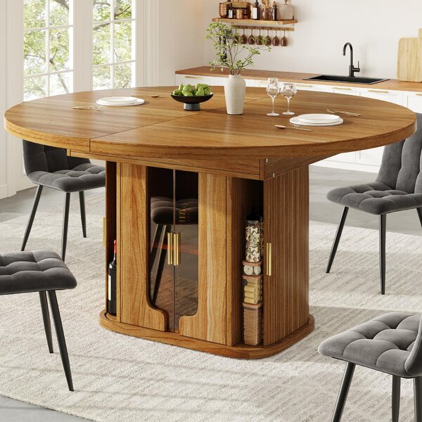 Extendable Dining Table with Hidden Storage and Glass Doors, Round Kitchen Table for 6 People, 118-158L x 118W x 77H cm, Walnut Aosom UK