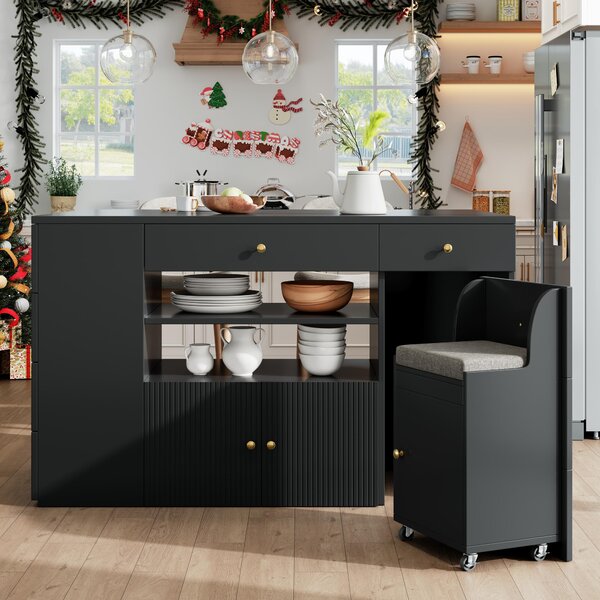 Adjustable Kitchen Island with 2 Stools, 6-Drawer and Generous worktop, Versatile Sideboard with Open Shelves, 140L x 40W x 89H cm, Black Aosom UK