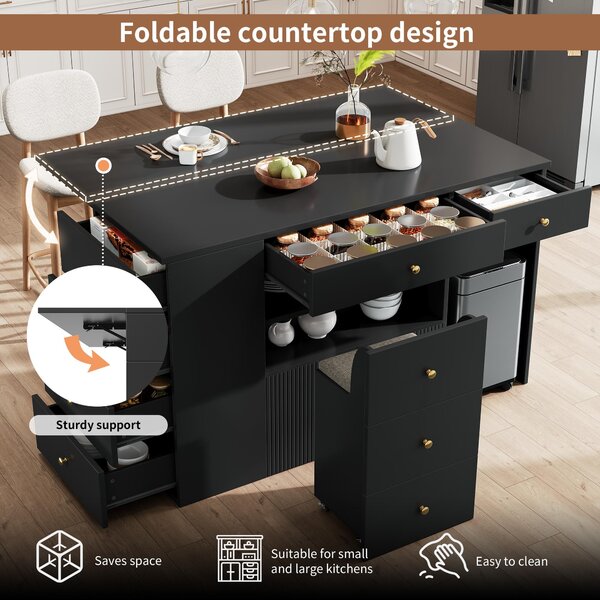 Adjustable Kitchen Island with 2 Stools, 6-Drawer and Generous worktop, Versatile Sideboard with Open Shelves, 140L x 40W x 89H cm, Black Aosom UK