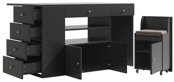 Adjustable Kitchen Island with 2 Stools, 6-Drawer and Generous worktop, Versatile Sideboard with Open Shelves, 140L x 40W x 89H cm, Black Aosom UK