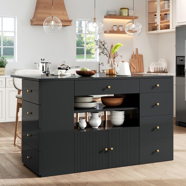 Adjustable Kitchen Island with 2 Stools, 6-Drawer and Generous worktop, Versatile Sideboard with Open Shelves, 140L x 40W x 89H cm, Black Aosom UK