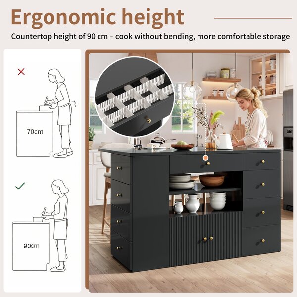 Adjustable Kitchen Island with 2 Stools, 6-Drawer and Generous worktop, Versatile Sideboard with Open Shelves, 140L x 40W x 89H cm, Black Aosom UK