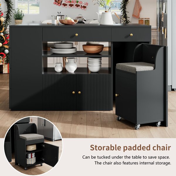 Adjustable Kitchen Island with 2 Stools, 6-Drawer and Generous worktop, Versatile Sideboard with Open Shelves, 140L x 40W x 89H cm, Black Aosom UK