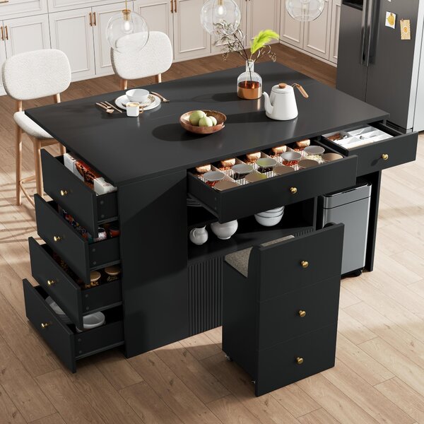 Adjustable Kitchen Island with 2 Stools, 6-Drawer and Generous worktop, Versatile Sideboard with Open Shelves, 140L x 40W x 89H cm, Black Aosom UK