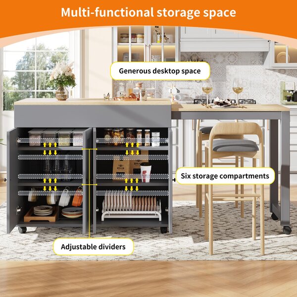 Space‑Saving Dining Table with 6 Adjustable Shelves & Storage Cabinet, Extendable Bar Table for 4–6 People, 118L-180 x 50W x 94H cm, Gray Aosom UK
