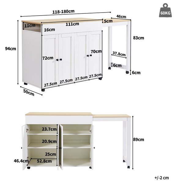 Modern Bar Table with 6 Adjustable Shelves and Storage Cabinet, Extendable Dining Table for 4–6 People, 118-180L x 50W x 94H cm, White Aosom UK