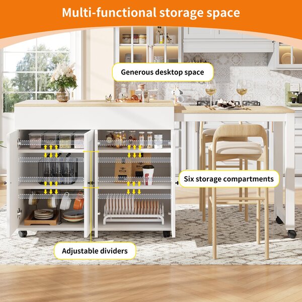 Modern Bar Table with 6 Adjustable Shelves and Storage Cabinet, Extendable Dining Table for 4–6 People, 118-180L x 50W x 94H cm, White Aosom UK