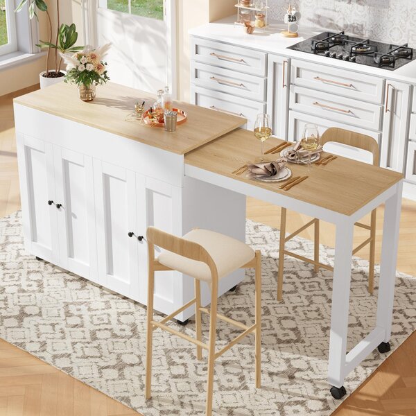 Modern Bar Table with 6 Adjustable Shelves and Storage Cabinet, Extendable Dining Table for 4–6 People, 118-180L x 50W x 94H cm, White Aosom UK