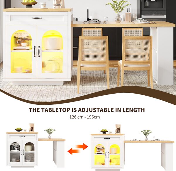 Extendable Kitchen Island with App-Controlled RGB Lighting, Versatile Storage Cabinet with Adjustable Shelf, 126-196L x 59W x 94H cm, White Aosom UK
