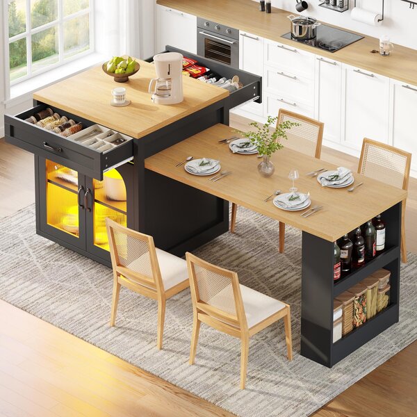 Extendable Kitchen Island with App-Controlled RGB LED Lighting, Versatile Cabinet for Dining or Preparation, 126-196L x 59W x 94H cm, Black Aosom UK