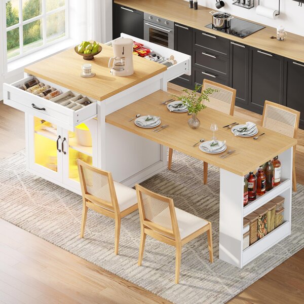 Extendable Kitchen Island with App-Controlled RGB Lighting, Versatile Storage Cabinet with Adjustable Shelf, 126-196L x 59W x 94H cm, White Aosom UK