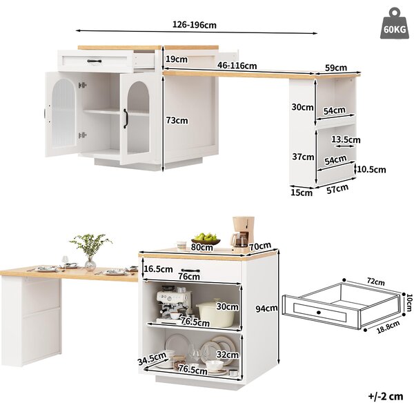 Extendable Kitchen Island with App-Controlled RGB Lighting, Versatile Storage Cabinet with Adjustable Shelf, 126-196L x 59W x 94H cm, White Aosom UK