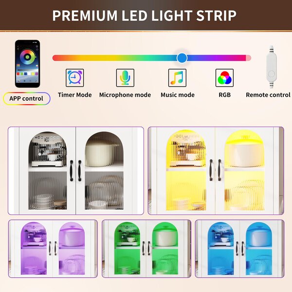Extendable Kitchen Island with App-Controlled RGB Lighting, Versatile Storage Cabinet with Adjustable Shelf, 126-196L x 59W x 94H cm, White Aosom UK