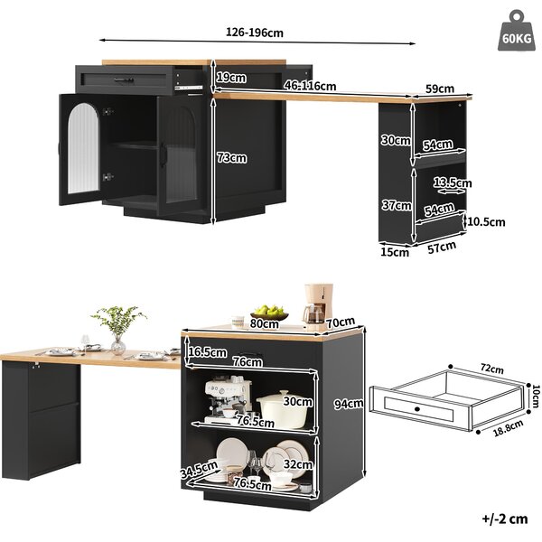 Extendable Kitchen Island with App-Controlled RGB LED Lighting, Versatile Cabinet for Dining or Preparation, 126-196L x 59W x 94H cm, Black Aosom UK