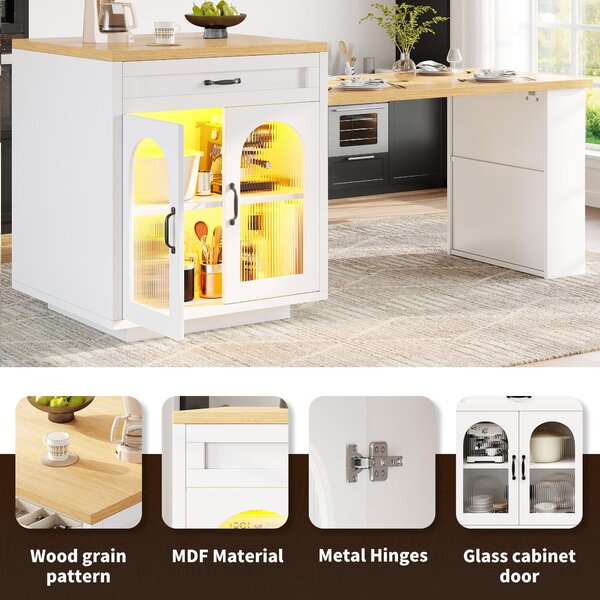 Extendable Kitchen Island with App-Controlled RGB Lighting, Versatile Storage Cabinet with Adjustable Shelf, 126-196L x 59W x 94H cm, White Aosom UK