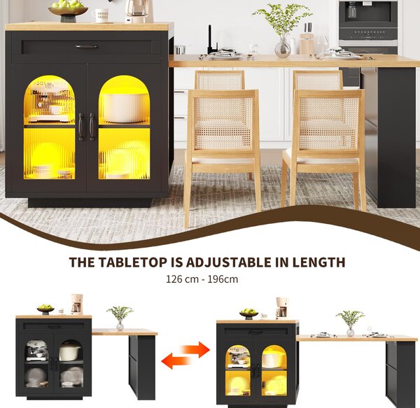 Extendable Kitchen Island with App-Controlled RGB LED Lighting, Versatile Cabinet for Dining or Preparation, 126-196L x 59W x 94H cm, Black Aosom UK