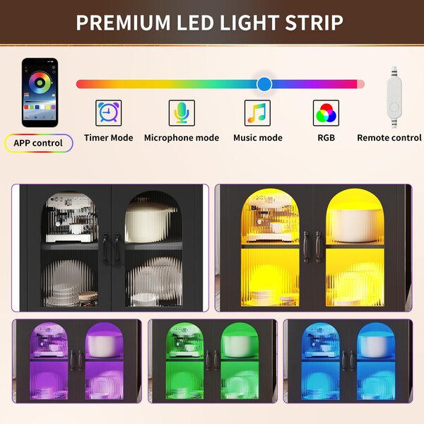 Extendable Kitchen Island with App-Controlled RGB LED Lighting, Versatile Cabinet for Dining or Preparation, 126-196L x 59W x 94H cm, Black Aosom UK