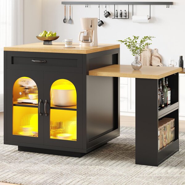 Extendable Kitchen Island with App-Controlled RGB LED Lighting, Versatile Cabinet for Dining or Preparation, 126-196L x 59W x 94H cm, Black Aosom UK