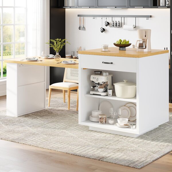Extendable Kitchen Island with App-Controlled RGB Lighting, Versatile Storage Cabinet with Adjustable Shelf, 126-196L x 59W x 94H cm, White Aosom UK