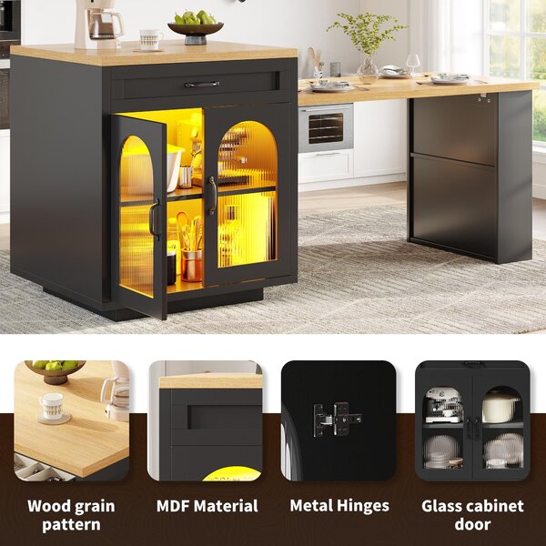 Extendable Kitchen Island with App-Controlled RGB LED Lighting, Versatile Cabinet for Dining or Preparation, 126-196L x 59W x 94H cm, Black Aosom UK