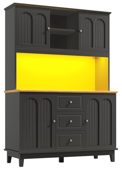 Tall Kitchen Sideboard Cabinet with App-Controlled Changing LED Lighting, Cupboard with Open Display Shelf, 120L x 40W x 180H cm, Black Aosom UK
