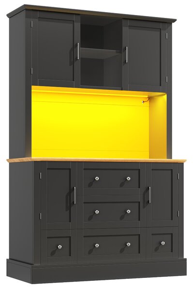Tall Kitchen Cabinet with Open Middle Shelf and Five Drawers, Large Storage Cupboard for Dining Room, 115L x 40W x 180H cm, Black Aosom UK