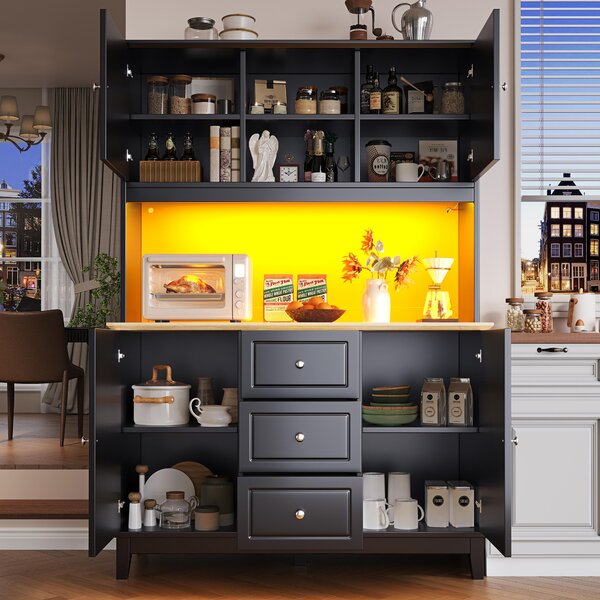Tall Kitchen Sideboard Cabinet with App-Controlled Changing LED Lighting, Cupboard with Open Display Shelf, 120L x 40W x 180H cm, Black Aosom UK
