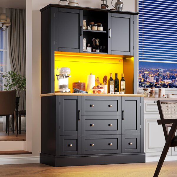 Tall Kitchen Cabinet with Open Middle Shelf and Five Drawers, Large Storage Cupboard for Dining Room, 115L x 40W x 180H cm, Black Aosom UK