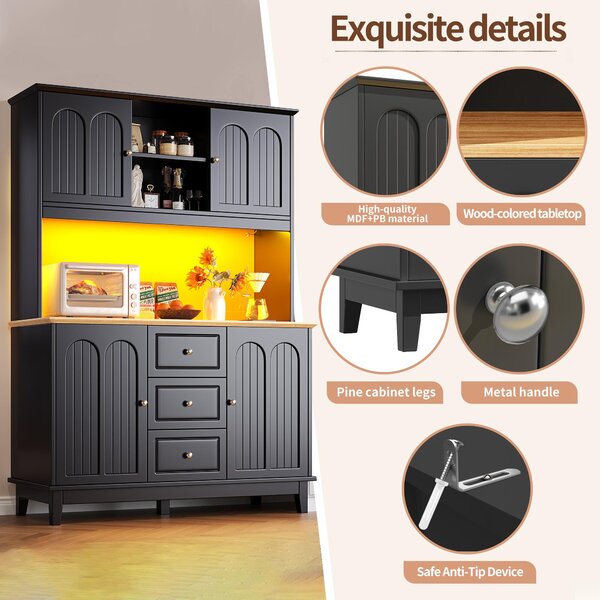 Tall Kitchen Sideboard Cabinet with App-Controlled Changing LED Lighting, Cupboard with Open Display Shelf, 120L x 40W x 180H cm, Black Aosom UK