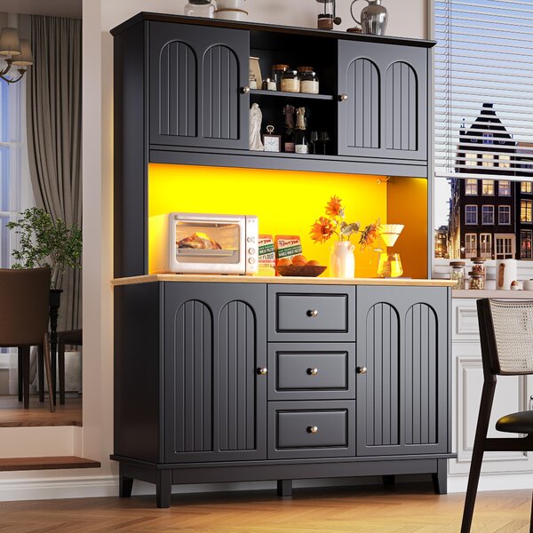 Tall Kitchen Sideboard Cabinet with App-Controlled Changing LED Lighting, Cupboard with Open Display Shelf, 120L x 40W x 180H cm, Black Aosom UK