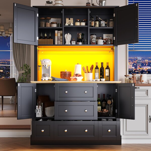 Tall Kitchen Cabinet with Open Middle Shelf and Five Drawers, Large Storage Cupboard for Dining Room, 115L x 40W x 180H cm, Black Aosom UK