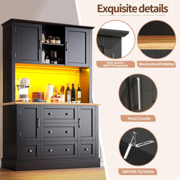 Tall Kitchen Cabinet with Open Middle Shelf and Five Drawers, Large Storage Cupboard for Dining Room, 115L x 40W x 180H cm, Black Aosom UK