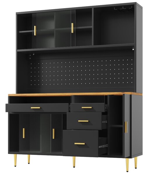 Modern Highboard with Height-Adjustable Shelves & App-Controlled LED, Tall Cabinet for Living, Dining Area, 145L x 39W x 171H cm, Black Aosom UK
