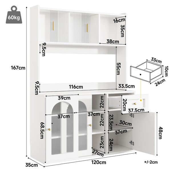 Stylish Kitchen Cabinet with App-Controlled LED and Music-Sync Lighting, Tall Buffet Sideboard for Living Area, 120L x 35W x 167H cm, White Aosom UK