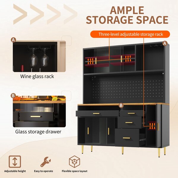 Modern Highboard with Height-Adjustable Shelves & App-Controlled LED, Tall Cabinet for Living, Dining Area, 145L x 39W x 171H cm, Black Aosom UK