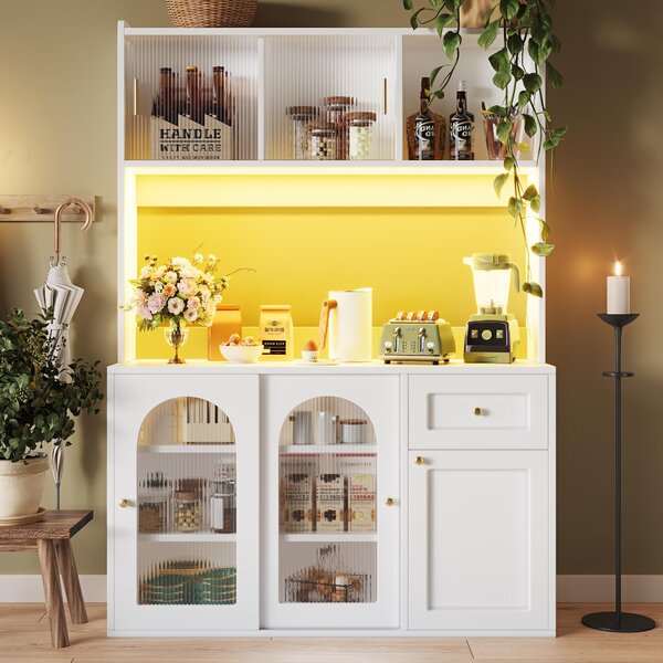 Stylish Kitchen Cabinet with App-Controlled LED and Music-Sync Lighting, Tall Buffet Sideboard for Living Area, 120L x 35W x 167H cm, White Aosom UK
