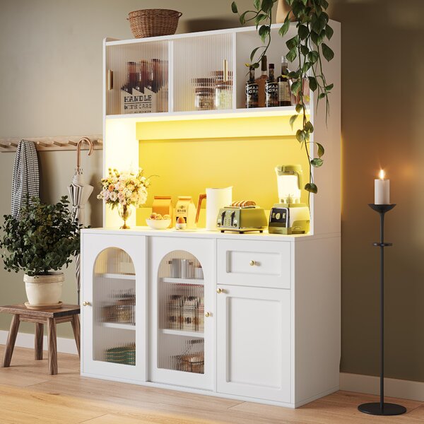 Stylish Kitchen Cabinet with App-Controlled LED and Music-Sync Lighting, Tall Buffet Sideboard for Living Area, 120L x 35W x 167H cm, White Aosom UK
