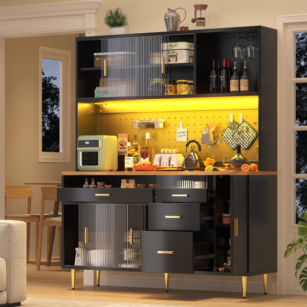 Modern Highboard with Height-Adjustable Shelves & App-Controlled LED, Tall Cabinet for Living, Dining Area, 145L x 39W x 171H cm, Black Aosom UK