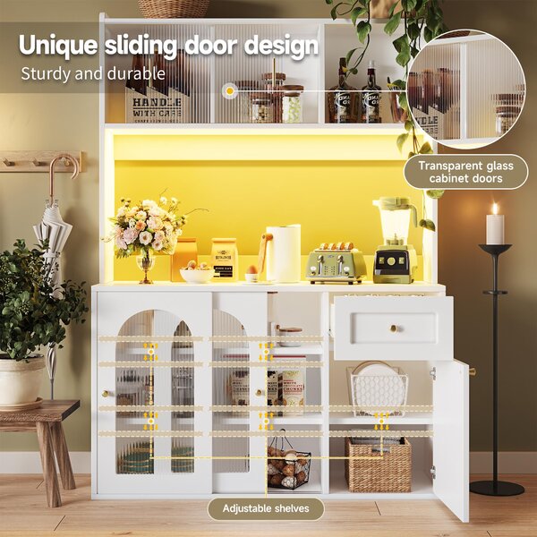 Stylish Kitchen Cabinet with App-Controlled LED and Music-Sync Lighting, Tall Buffet Sideboard for Living Area, 120L x 35W x 167H cm, White Aosom UK