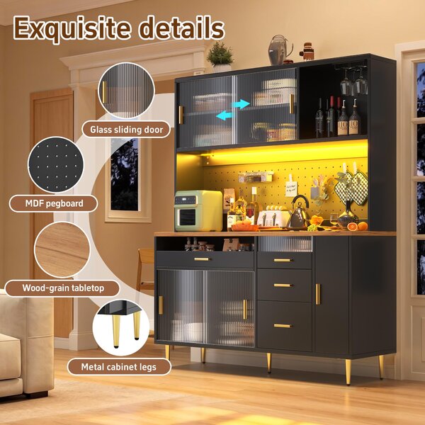 Modern Highboard with Height-Adjustable Shelves & App-Controlled LED, Tall Cabinet for Living, Dining Area, 145L x 39W x 171H cm, Black Aosom UK