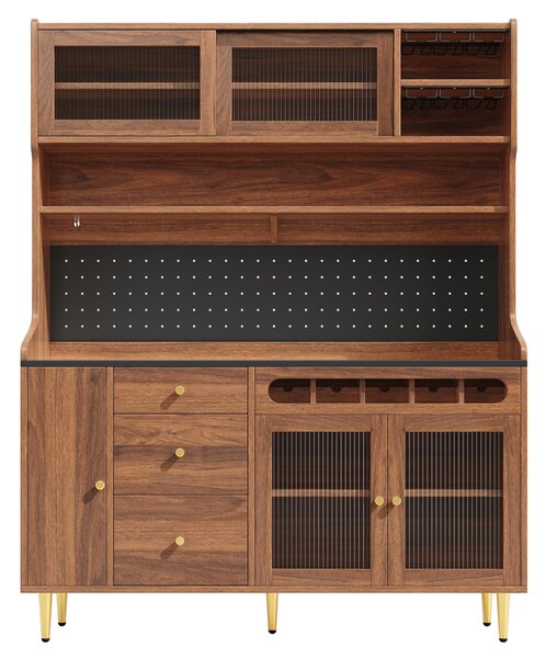 Stylish Highboard with LED Lighting & App Control, Freestanding Storage Cabinet with Adjustable Shelves, 145L x 39W x 171H cm, Walnut Aosom UK