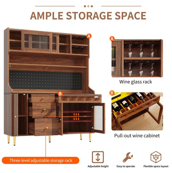 Stylish Highboard with LED Lighting & App Control, Freestanding Storage Cabinet with Adjustable Shelves, 145L x 39W x 171H cm, Walnut Aosom UK