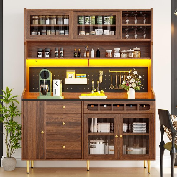 Stylish Highboard with LED Lighting & App Control, Freestanding Storage Cabinet with Adjustable Shelves, 145L x 39W x 171H cm, Walnut Aosom UK