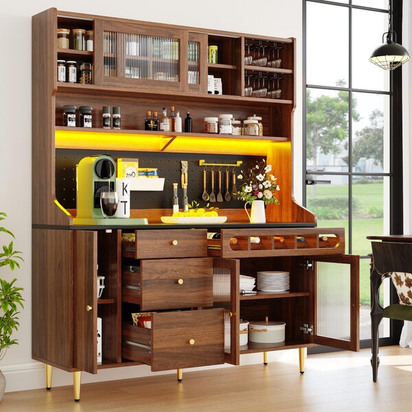 Stylish Highboard with LED Lighting & App Control, Freestanding Storage Cabinet with Adjustable Shelves, 145L x 39W x 171H cm, Walnut Aosom UK